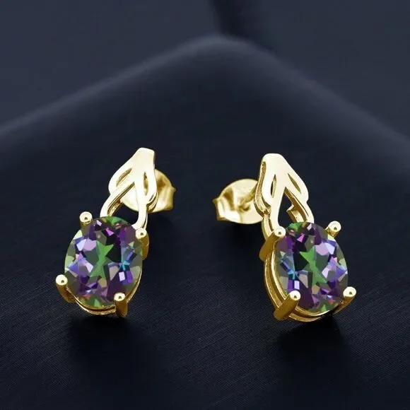 18K Yellow Gold 925 with 3.60 Cttw Green Mystic Topaz Oval Post Drop Earrings